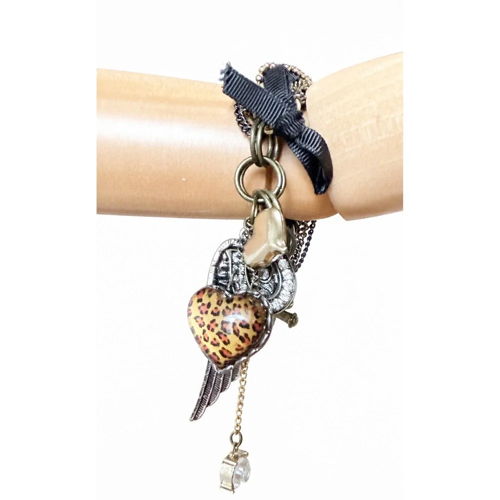 Betsey Johnson Wing Heart Leopard Multi-layer Chain Crystal Bracelet